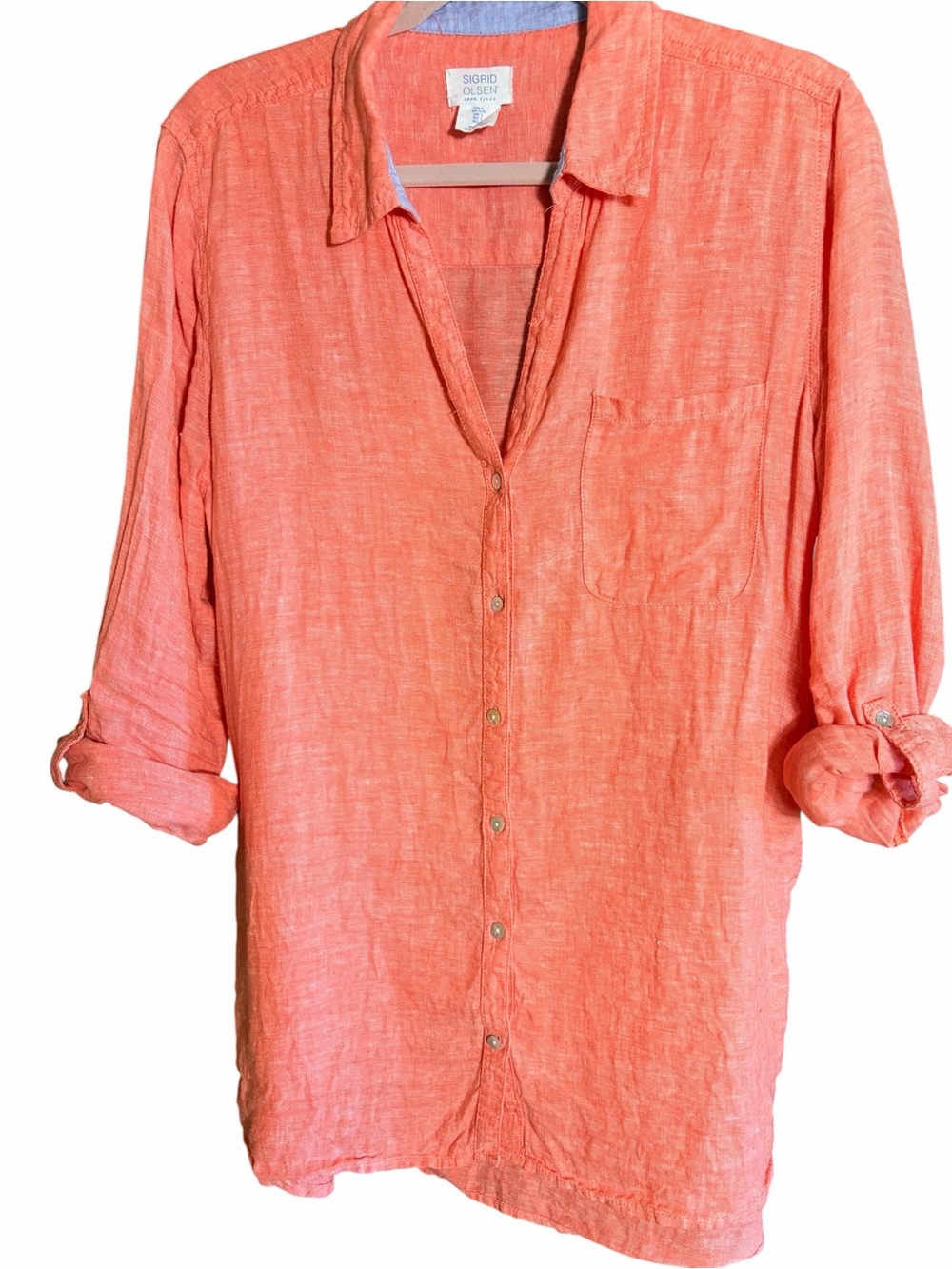 100% linen Sigrid Olsen summer button blouse coral lightweight roll up sleeves